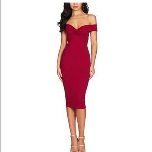 Off the shoulder Cabernet bodycon midi
